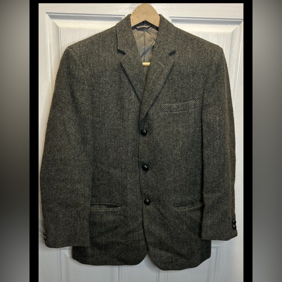 Vintage Harris Tweed Moss Green & Grey Herringbone BlazerScottish Wool39R